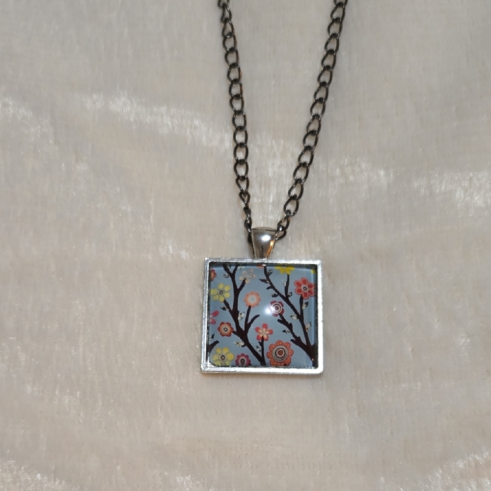 Floral Branch Square Pendant Necklace - Blue